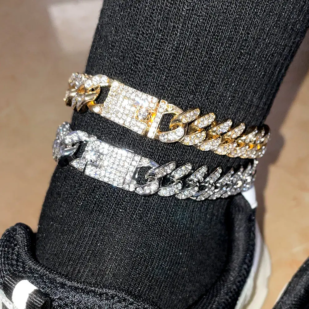 

Hip Hop Iced Out Rhinestone Cuban Chain Anklets Bracelet For Women Punk Gold Silver Color Crystal Link Chain Anklet Foot Jewelry
