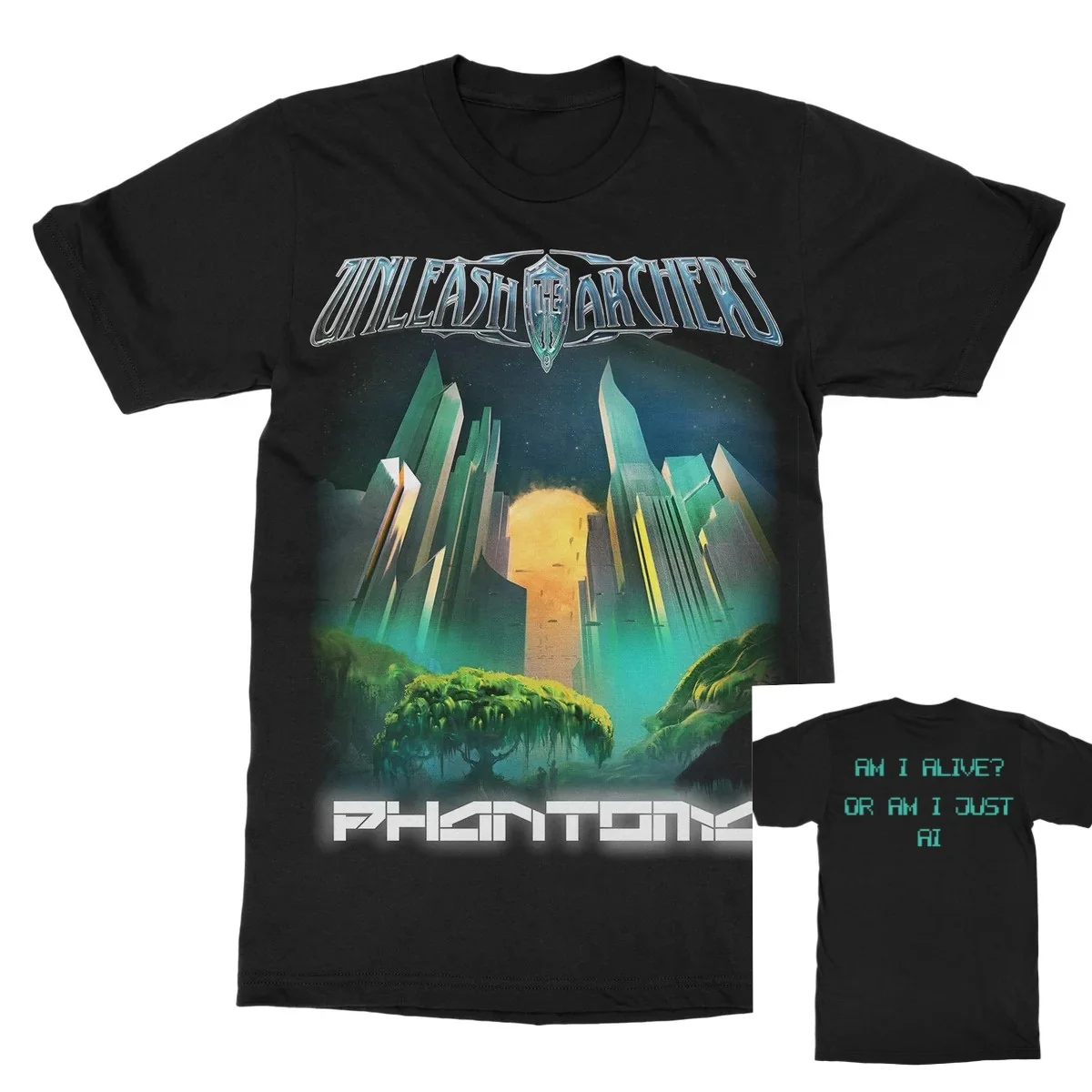 Unleash The Archers Phantoms Double Sided Print T Shirt, Futuristic Alien City Landscape Graphic