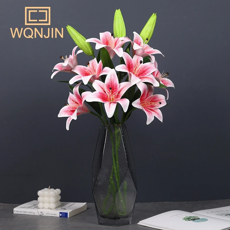 1PC, High-quality 3D Printing, 4-head Tactile Lily Artificial Flower Wedding Hotel Decoration, Lily Simulation Flower Wedding