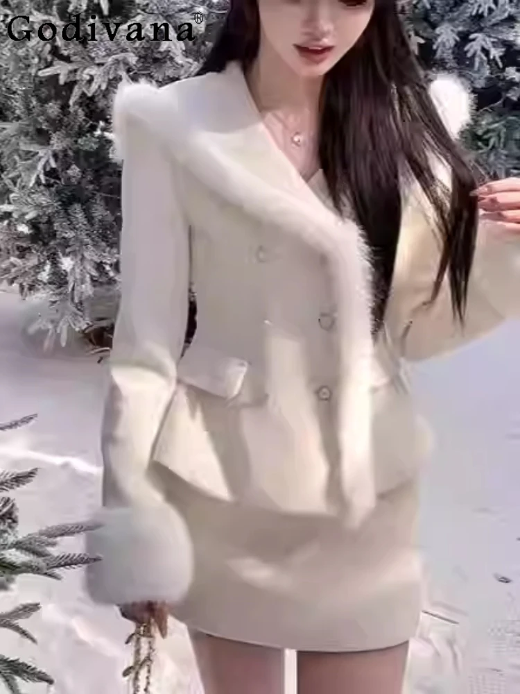 

Женская двубортная темпераментная зимняя шерстяная куртка больших размеров с v-образным вырезом и отложным воротником, комплекты корейской юбки трапециевидной формы с высокой талией