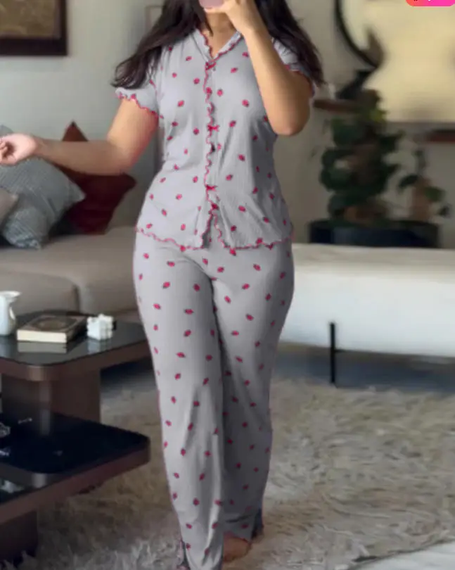 

Two Piece Set Women Outfit 2026 Spring Fashion Strawberry Print Stand Collar Short Sleeve T-Shirt & Casual Pajamas Pants Set