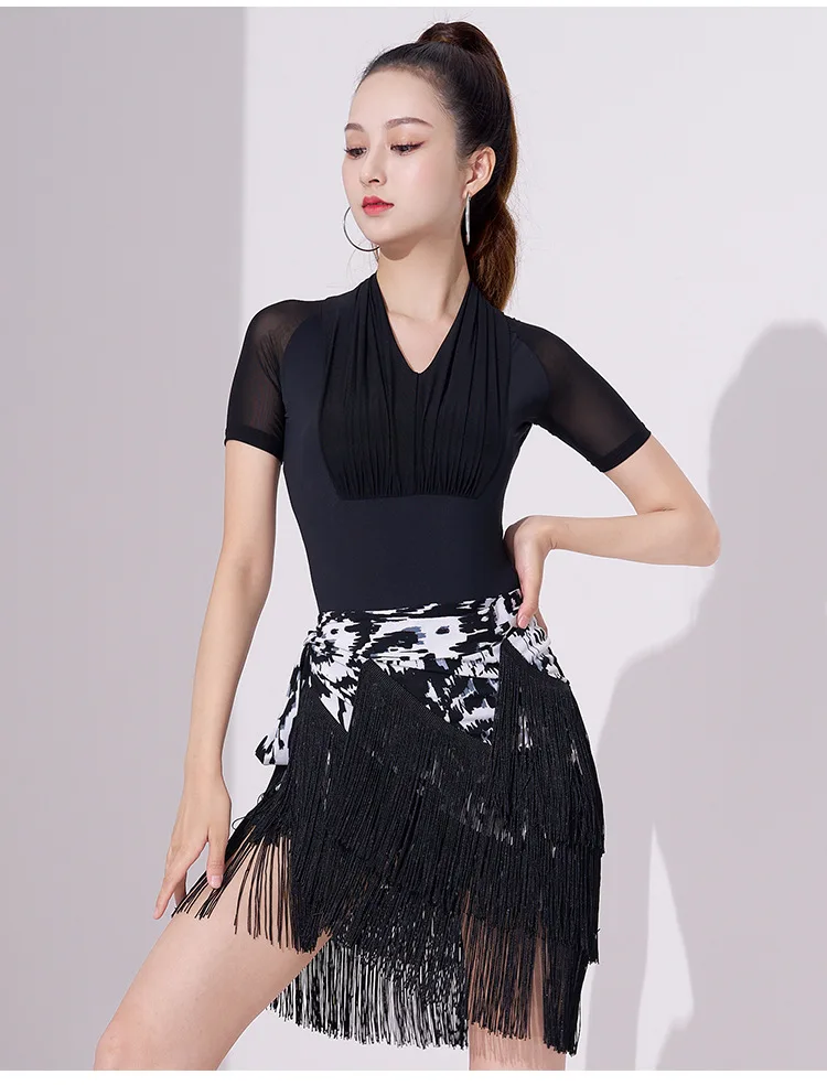 Frauen Latin Dance Kleid Trainingsanzug Kurzen Rock Sexy Quaste Drei-Schicht Fringe Dance Kostüm Trainingsanzug Kurzen Rock schwarz – Detail 24