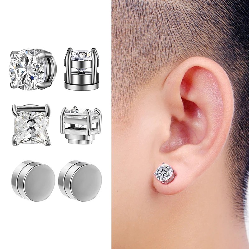 Anting-anting kancing magnetik kuat kristal, anting-anting Magnet zirkon bulat Punk untuk pria dan wanita, perhiasan anting-anting tanpa tindik