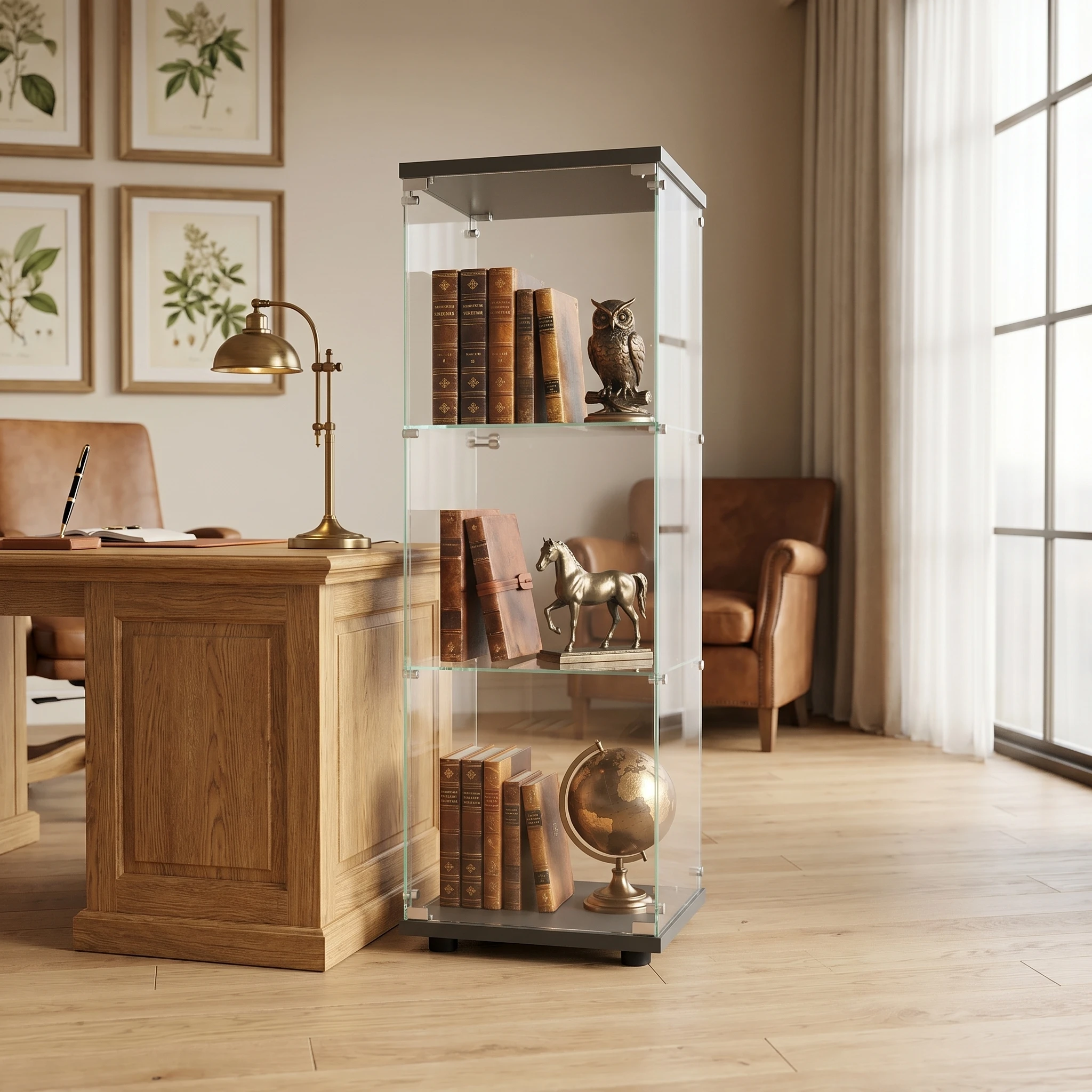 Vitrina de Vidrio Comanlai, Vitrina Independiente de 3 Niveles con Vidrio Templado y Cerradura, Marco Negro, Almacenamiento y Exhibición para el Hogar