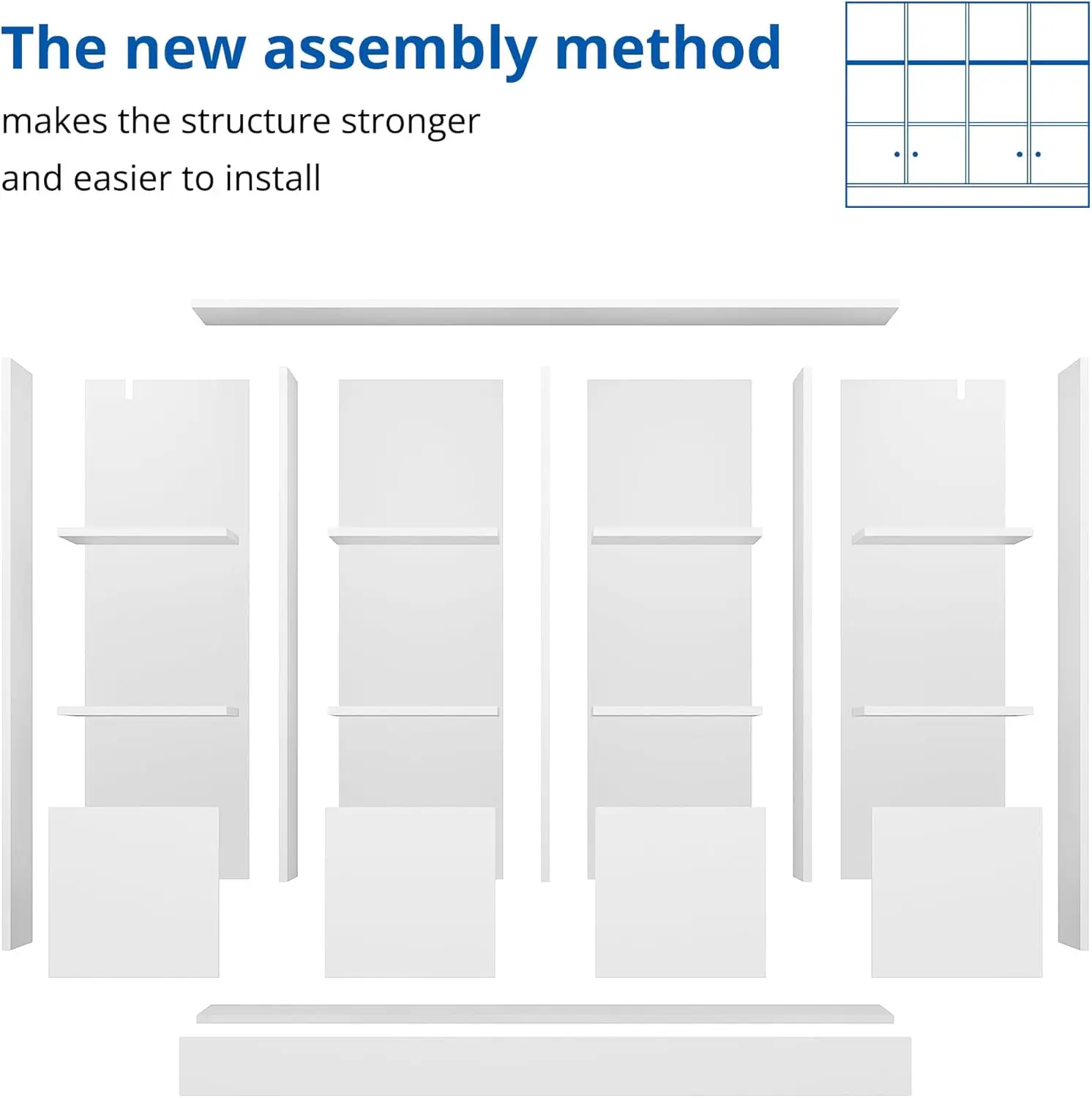 White Wood Bookcase, 12-Cube Storage Shelf with 4 Doors, 3-Tier Adjustable Shelves