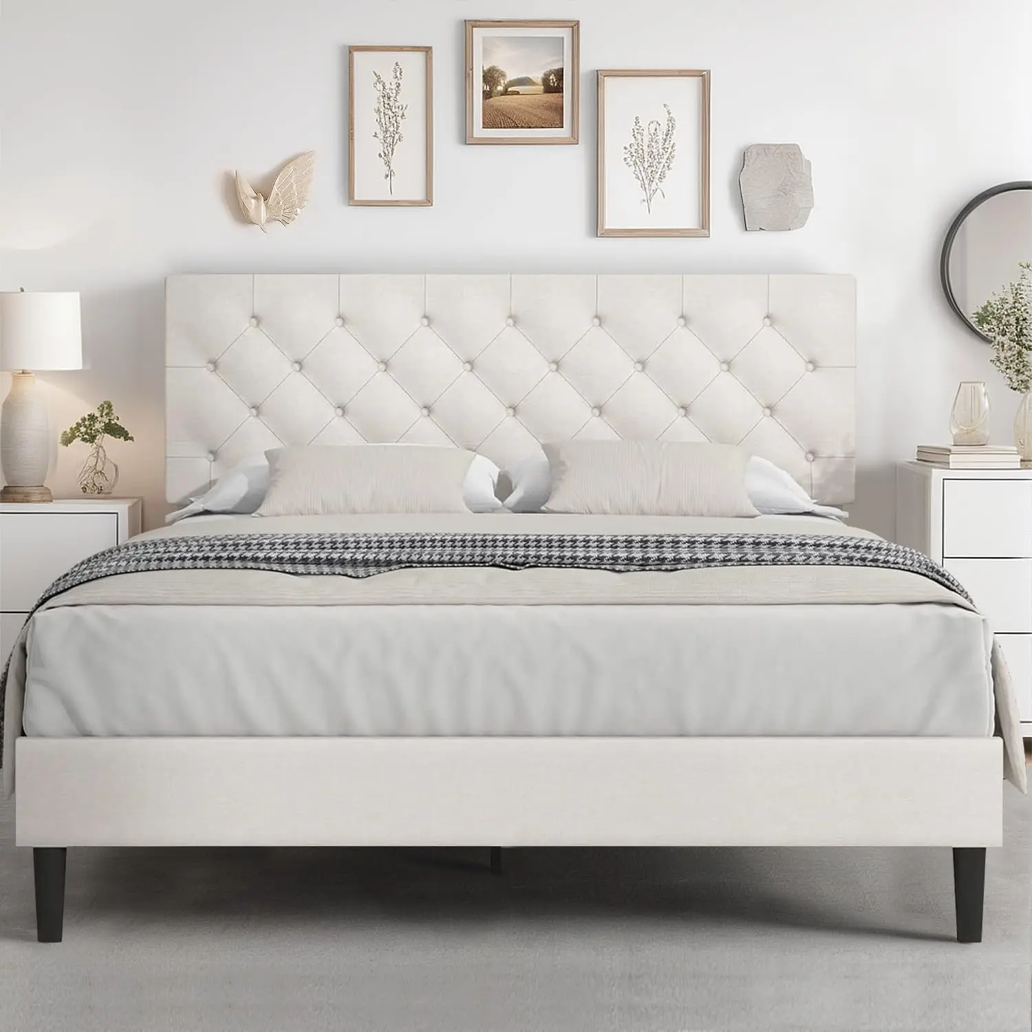 Queen Bed Frame with Headboard, Linen Fabric Upholstered Bed Frame Queen, Wood Slats Support, Button Tufted, White