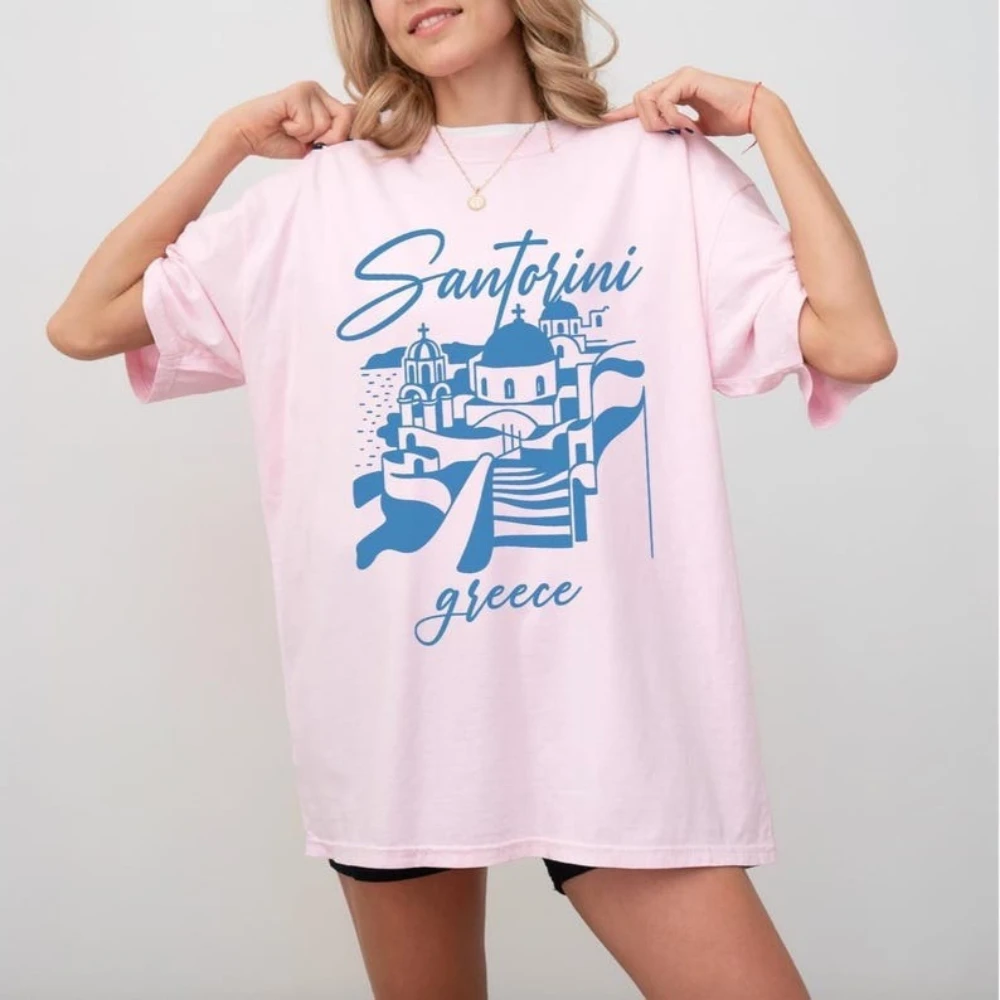 Santorini Greece Shirt Greek Island Travel Tee Blue Dome Church Architecture Printed Tshirt Vacation Souvenir Gift Women T-shirt