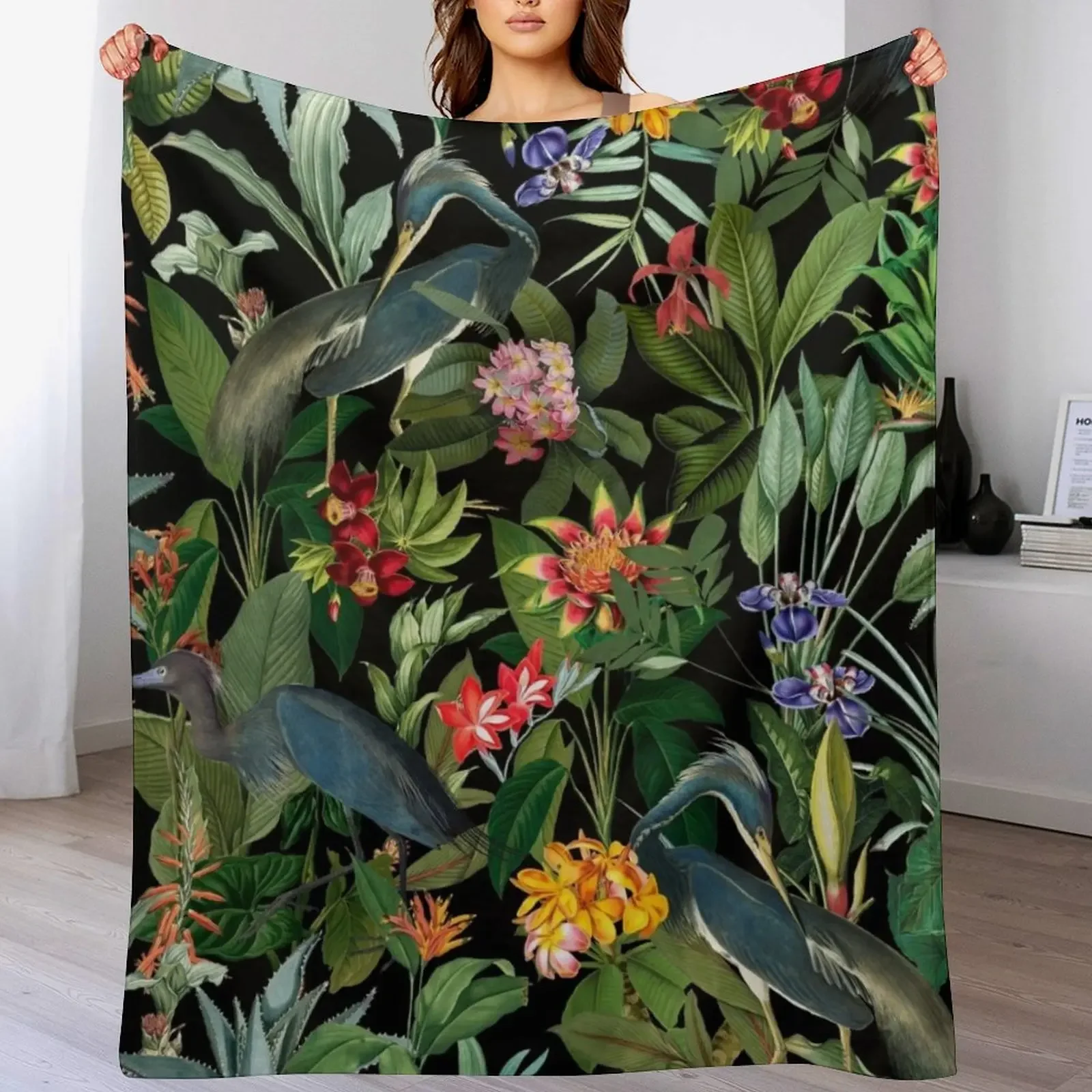 Vintage Pattern - Blue heron and tropical flowers Throw Blanket Warm Accent Blanket for Living Room Decoration