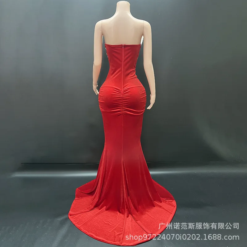 Vestido De terciopelo rojo De gama alta, vestido envuelto en la cadera, vestido De presentador De reunión anual De empresa, vestido ligero De lujo para cumpleaños, Vestidos De Gala