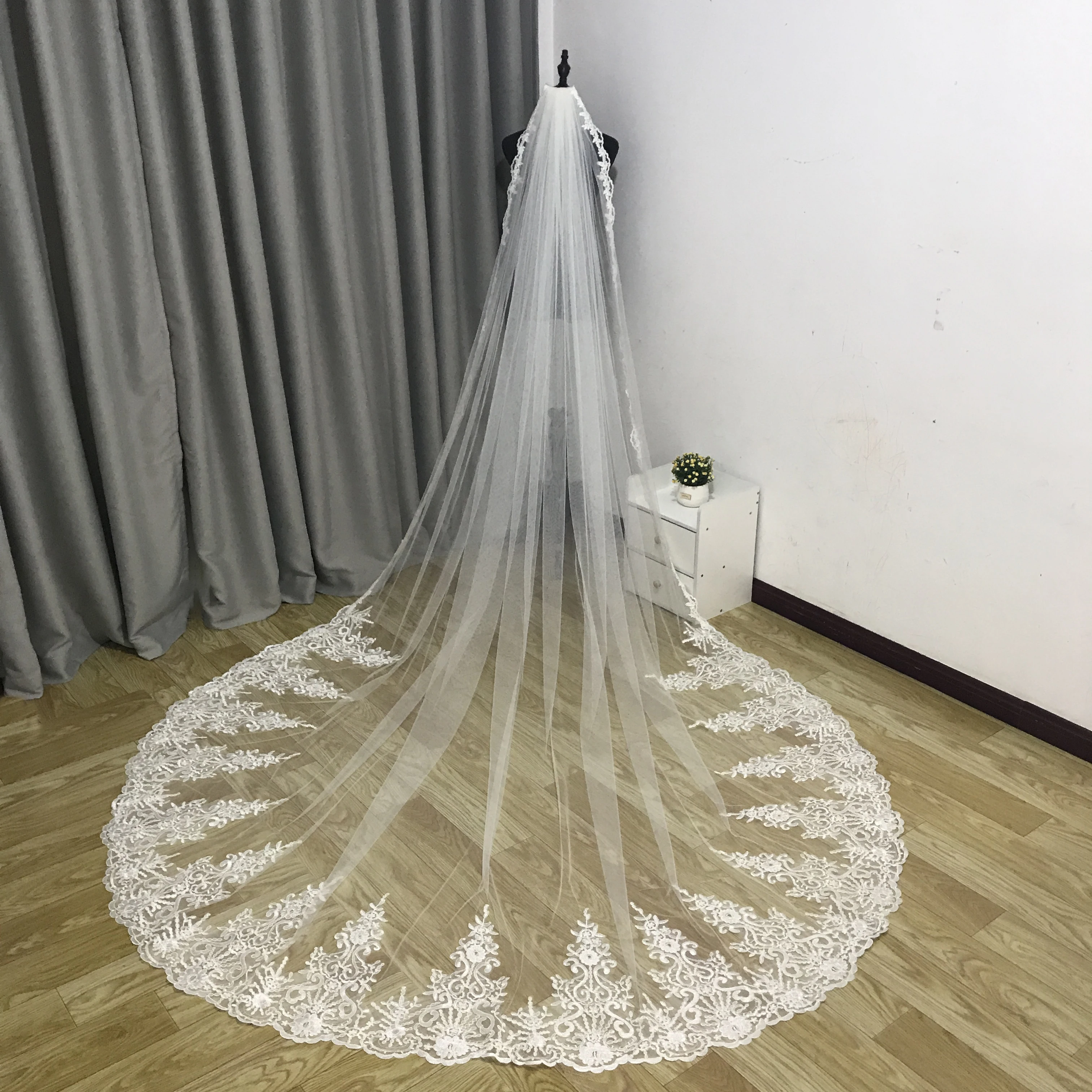 Voile de mariée en dentelle blanche ivoire avec peigne, sur mesure, photos réelles personnalisées, cathédrale de luxe, patients de mariage, 3 mètres