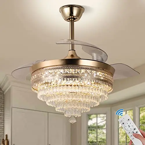 Home Bedroom Lighting 42 Crystal Light Emitting Diode Ceiling Light Invisible Retractable Fan White Remote Control Switch