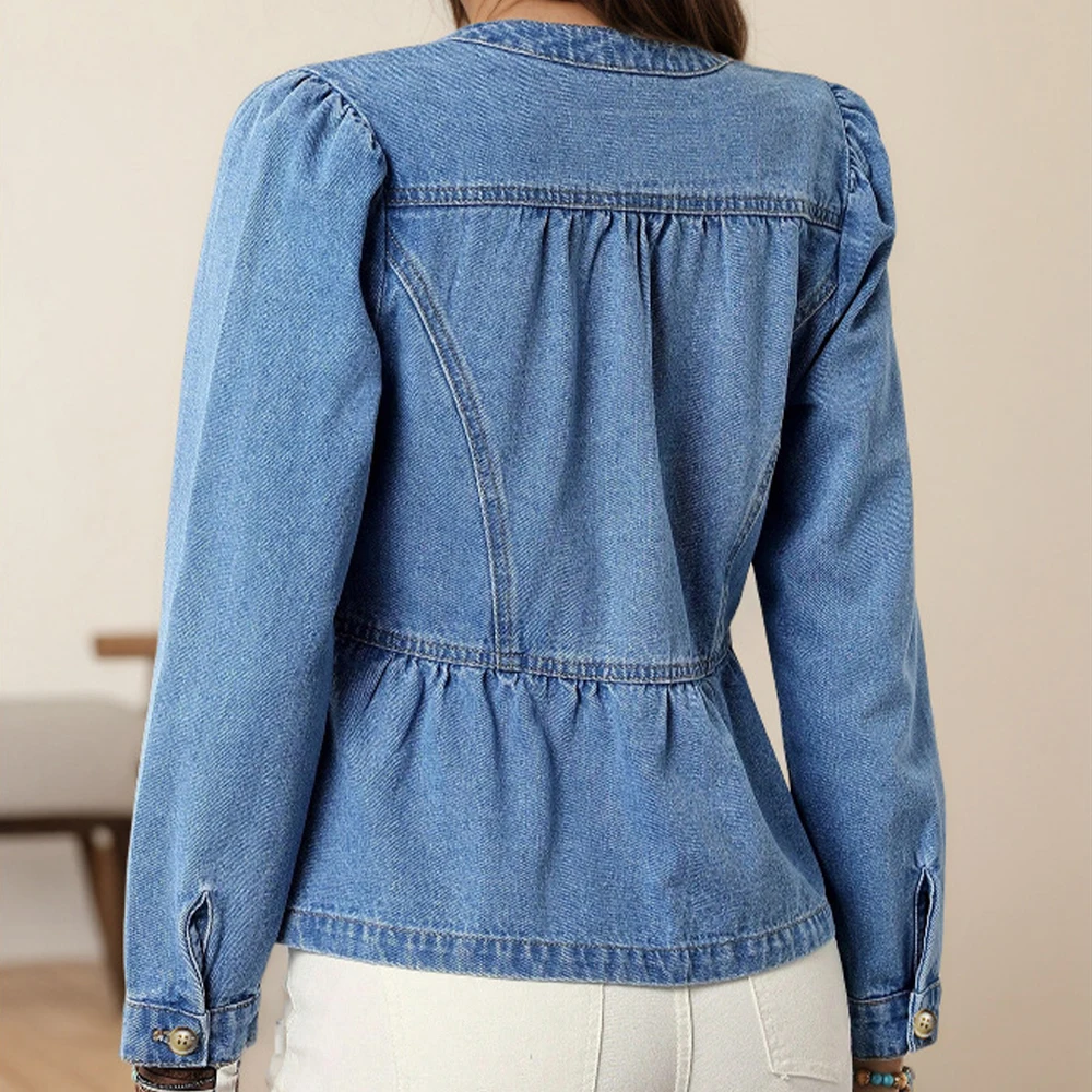 خريف جديد لون نقي الدنيم قميص المرأة عادية تنوعا العلوي جولة الرقبة فقاعة كم أعلى أزياء الإناث ملابس خارجية #3