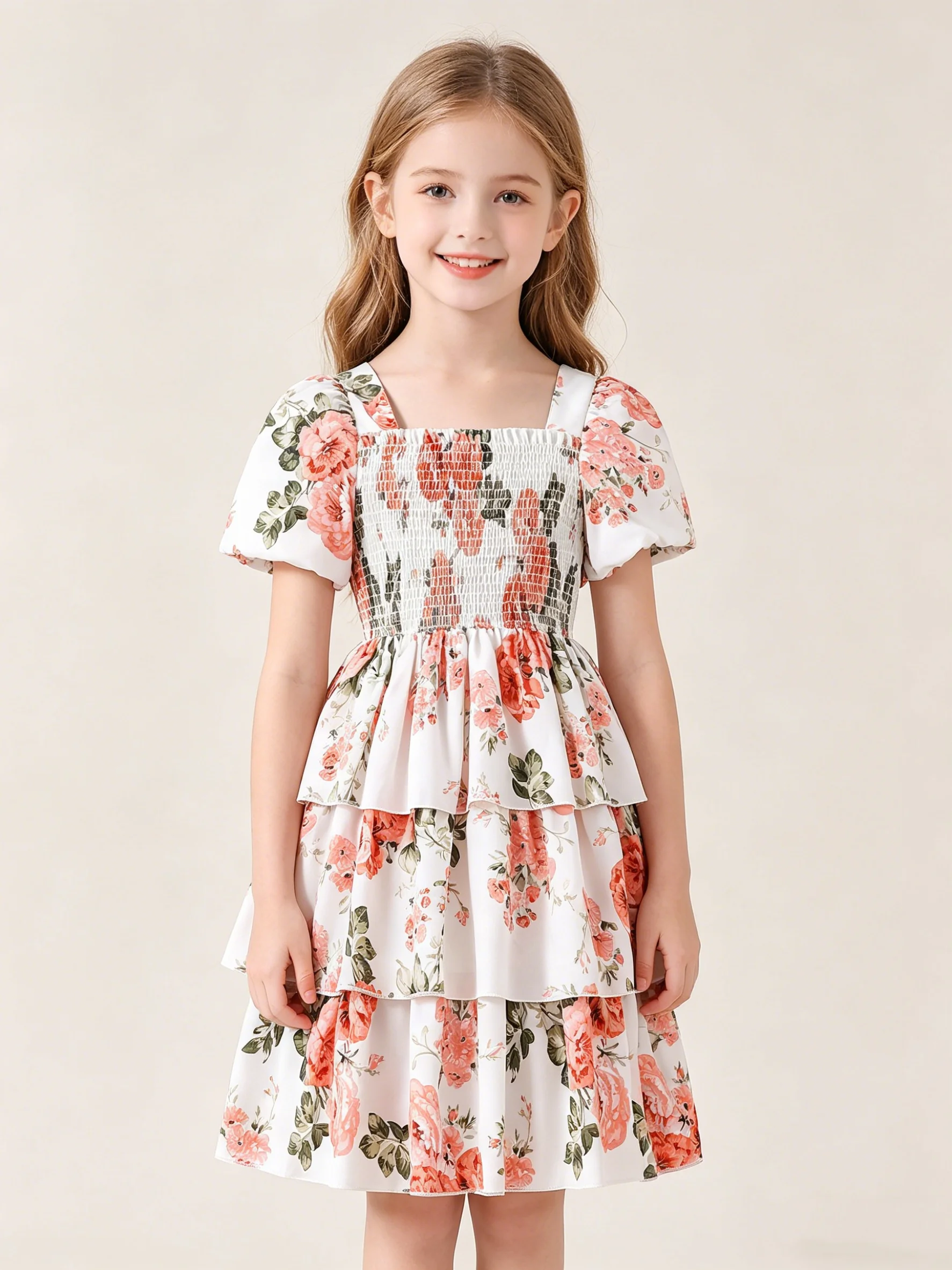 Sommerliches, modisches, kurzärmliges, mit Blumenmuster bedrucktes, mehrlagiges Kuchenrock-Kleid mit quadratischem Ausschnitt für Mädchen, süßes und elegantes, schmal geschnittenes Kleid