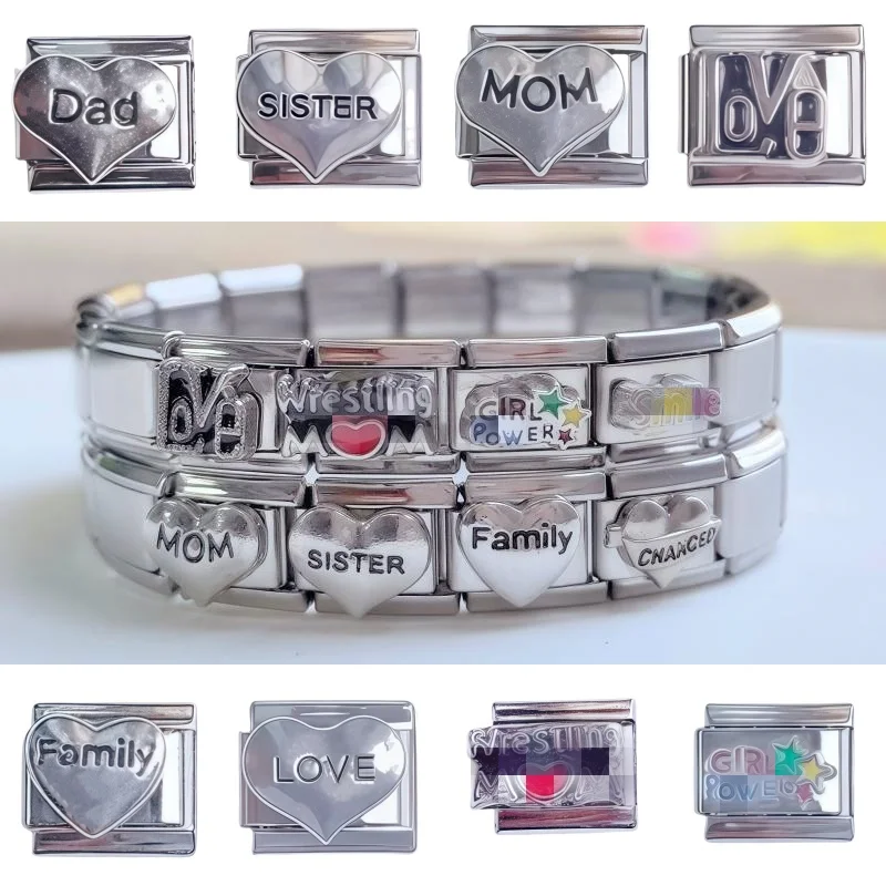 New Fashion Family Smile Love Charm Bracelet Italian Links Fit 9mm Bracelet Stainless Steel Making DIY Jewelry For Women Men