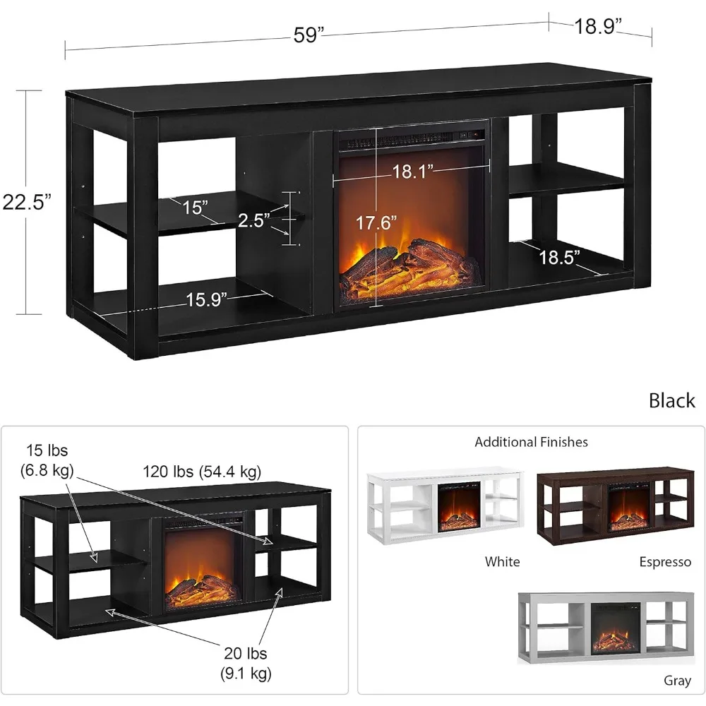 Soporte de TV con chimenea, 65 ", negro, decoración de chimenea, chimenea eléctrica para el hogar