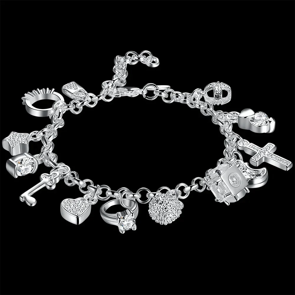 

Hot Fashion 925 Sterling Silver Fine Zircon Heart Key Pendant Bracelet For Woman Party Gifts Wedding Accessories Jewelry