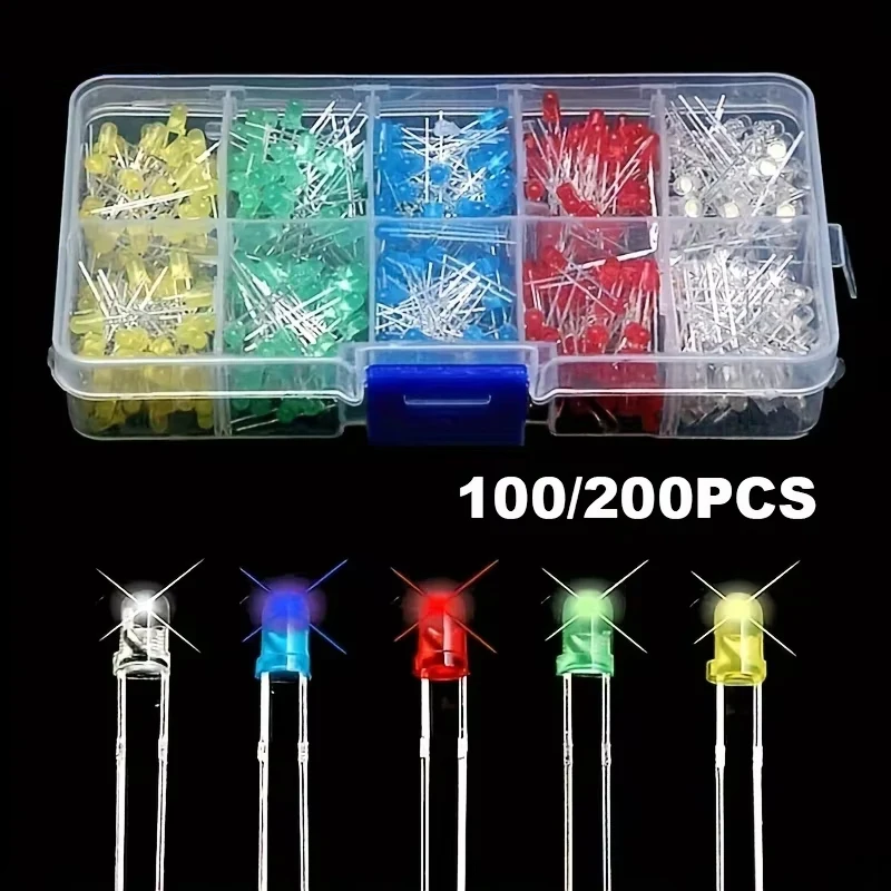 100/200PCS 3mm 5mm Multicolor LED Diode Kit R/G/B/Y/W Through Hole Beads DIY Circuit Student Electronic Experiment
