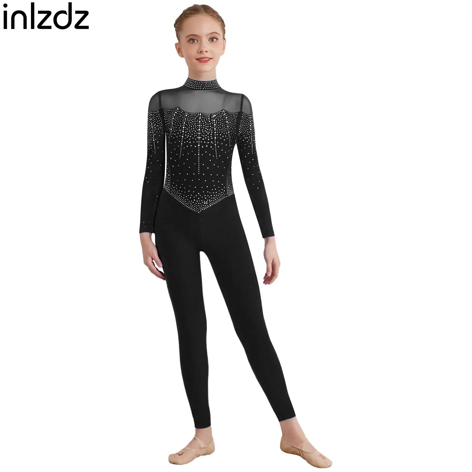 

Kids Girls Ballet Dance Jumpsuit Acrobatics Gymnastics Leotard Long Sleeve Rhinestones Mesh Figure Ice Skating Full Body Unitard