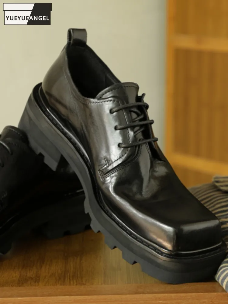 

Retro Horsehide Square Toe Platform Leisure Dress Shoes Solid Color Genuine Leather Height Increase Lace-Up Male Derby Shoe