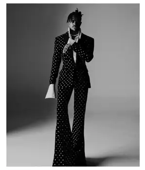 メンズブラックドットスーツセット,カスタムジャケット,ブレザー,パンツ,高級ストリート,ウェディング,Vネックコート,パンツ,2個