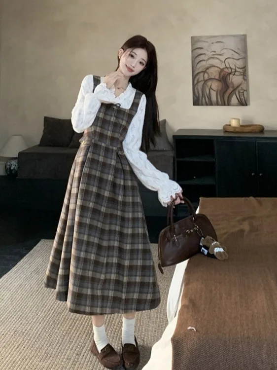

plus Size Women's Vintage Plaid Two-Piece Appearances Bib Overalls Dr Autumn Winter High Waist Slim Fit Long Sve Dr