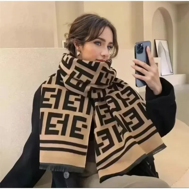 180*70cm Luxury Shawl F Letter Faux Cashmere Shawl Thickened Fall and Winter Design Scarf Warm Double-sided Versatile Scarf