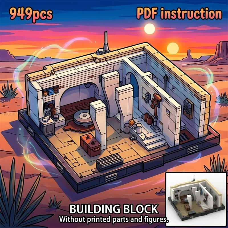 

MOC Sci-Fi Desert Planet Hermit Hut Diorama Building Blocks Galactic Knight Room Architecture Display Model Adult Brick Toy
