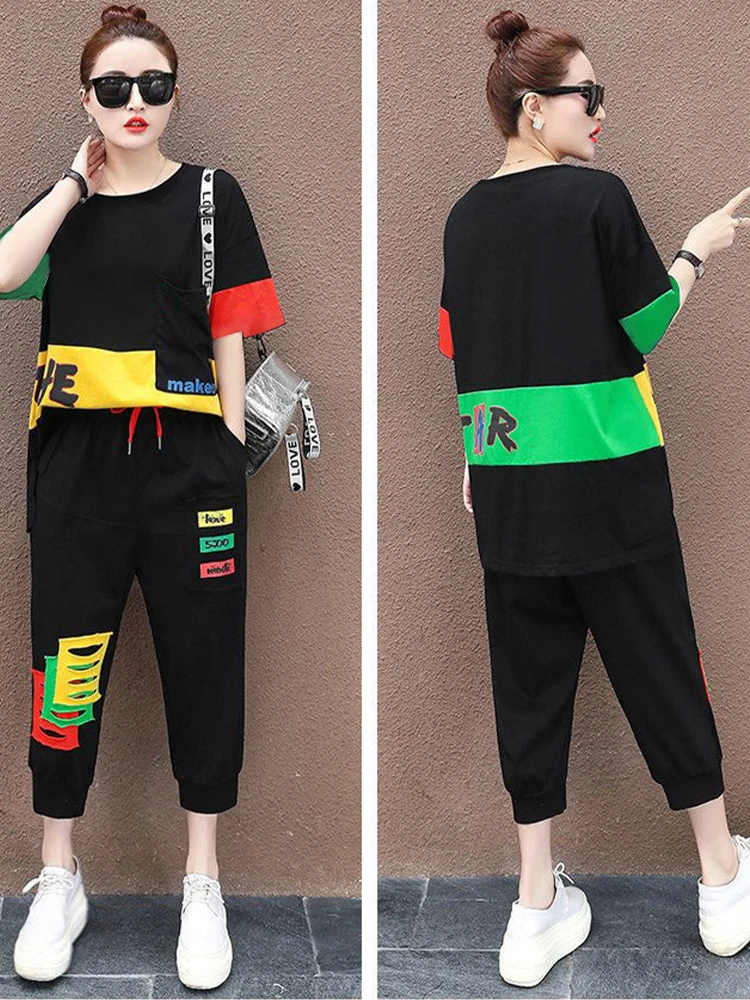 Max LuLu 2021 Summer Fashion Women Contrast Color Casual Two Pieces Sets Girl Short Sleeve Tops And Drawstring Loose Harem Pants