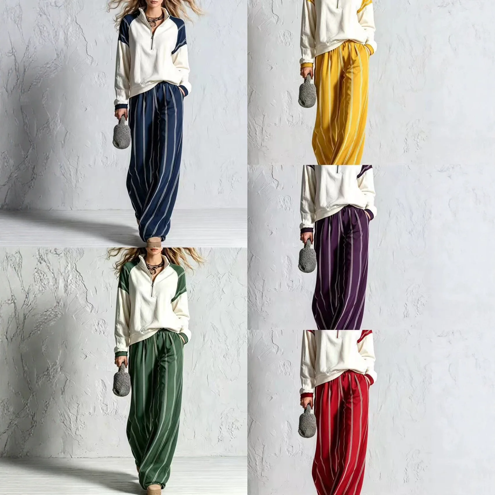 Women Color Block Sweatshirt Two Piece Outfit Half Zip Pullover Striped Wide Leg Pants Casual Sporty Matching Suit Multiple Colo