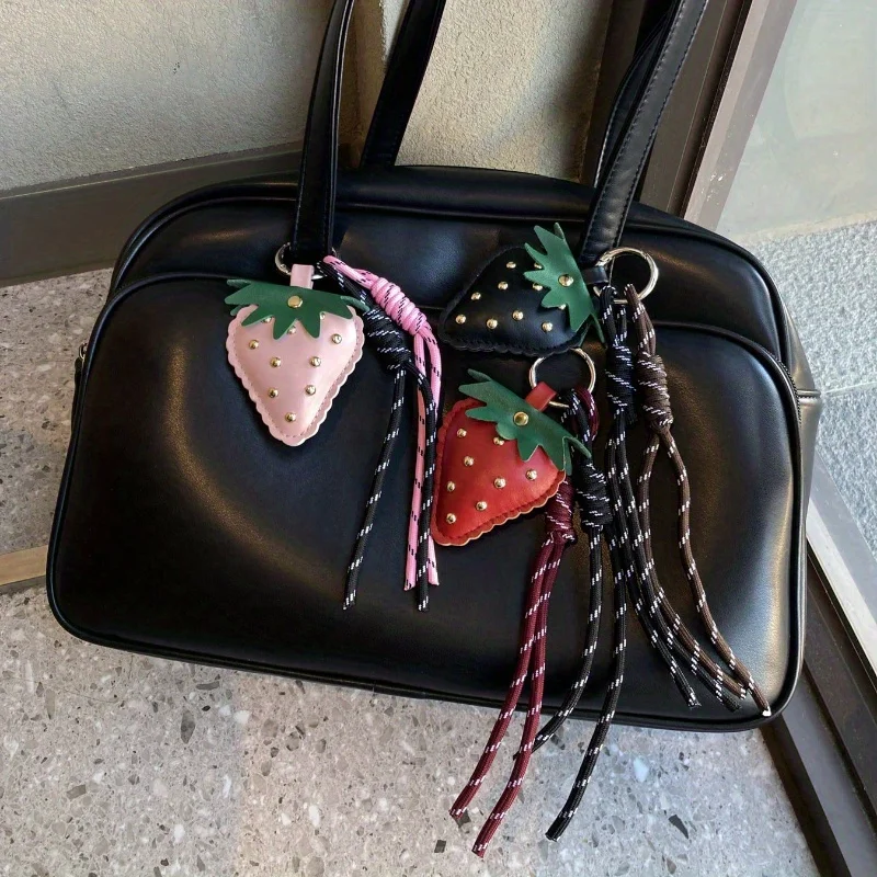 

1pc Cute Strawberry Leather Charm Pendant Kawaii Strawberry Bag Charm with Pink Black Red Heart Buckle Woven Rope,