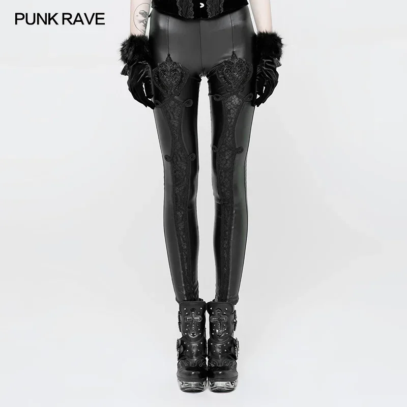 Imagem -02 - Punk Rave Gótico Cintura Elástica Flores Bordado Leggings de Couro Vintage em Relevo Malha Rendas Clube Festa Sexy Calças Femininas