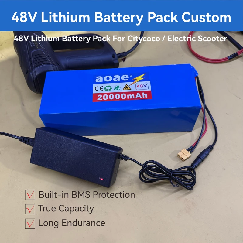 48V Lithium Battery Pack 20Ah Custom Version 21700 A-Grade Cells 1000W-2000W Built-in 50A BMS XT60 DC for Electric Scooter