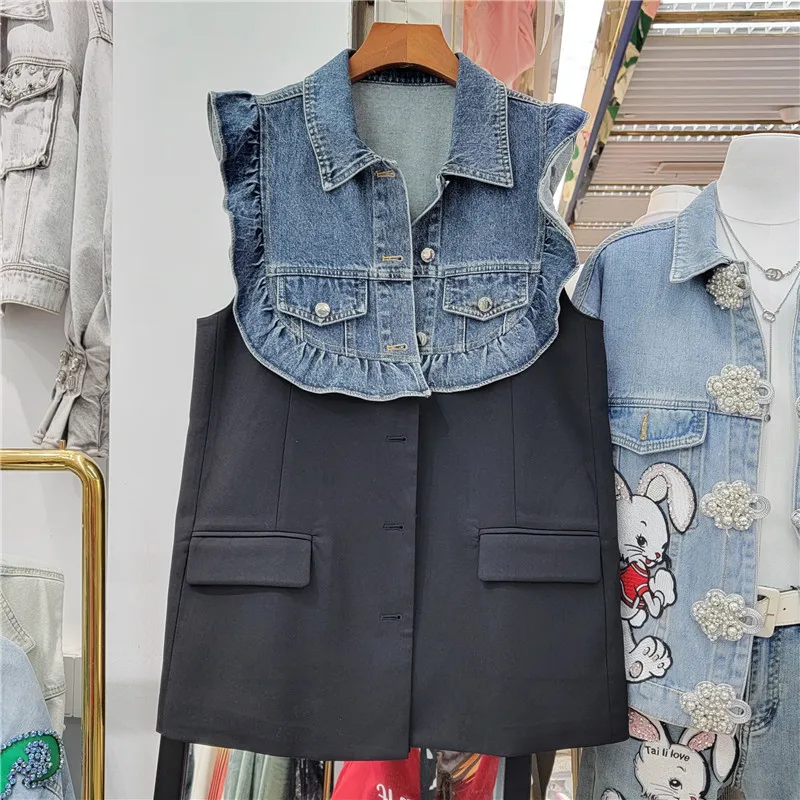 

2024 Spring Summer New Fake Two Piece Combination Denim Vest Coat Women Ear Edge Contrast Color Design Casual Vest Girl LX214