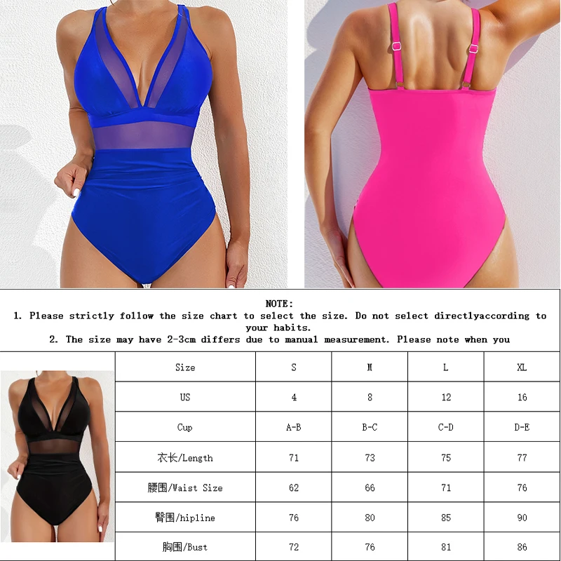 Women\'s One Piece Swimwear Sexy Mesh Patchwork Swimsuit Adjustable Straps Bikini Set Push Up Beach Suit