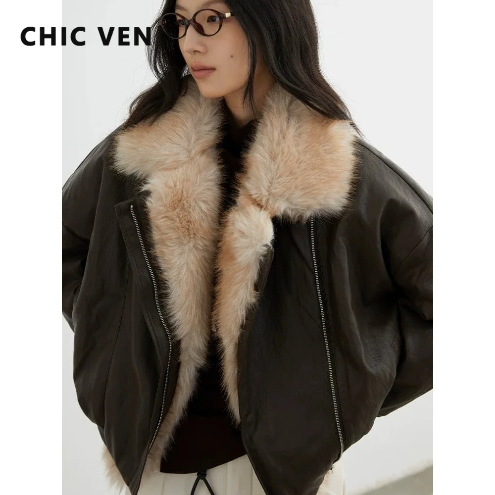 CHIC VEN Korean Women PU Jacket Retro Loose Casual Large Collar Leather Faux Leather Female Down Jacket Coat Autumn Winter 2026