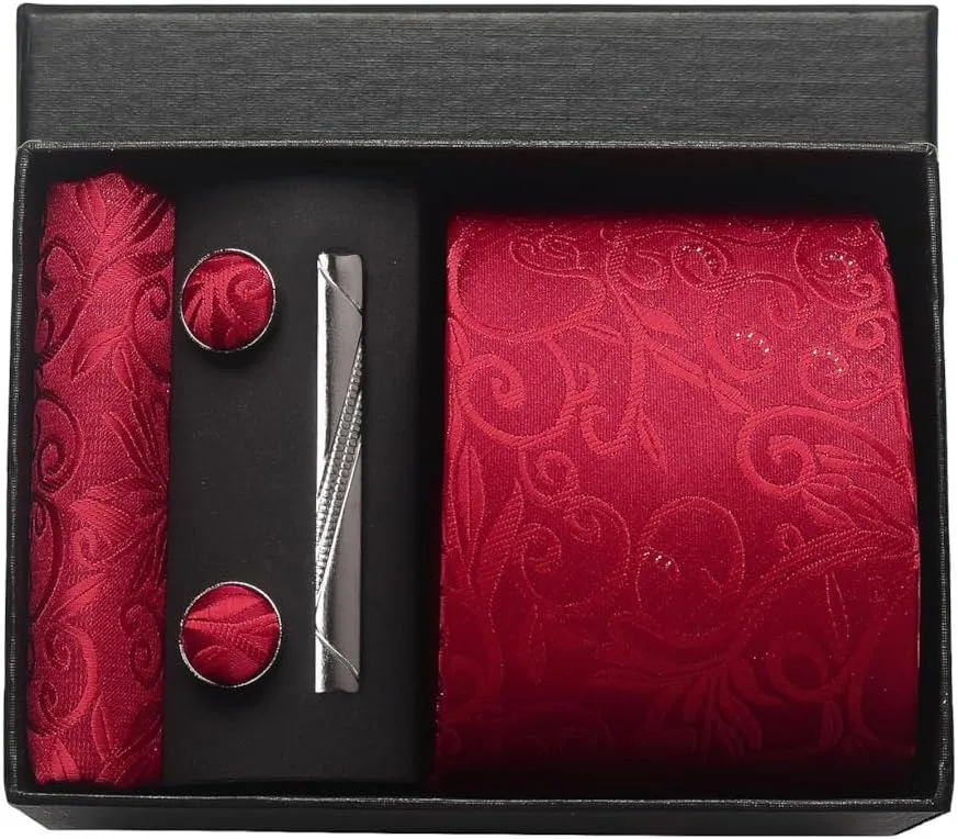 100 % Seidenkrawatte, Paisley-Blumenmuster, Herrenkrawatte, hochwertige Business-Krawatte, Einstecktuch, Krawattenklammer, Manschettenknöpfe-Set, klassisch, für Männer, Geschenkbox