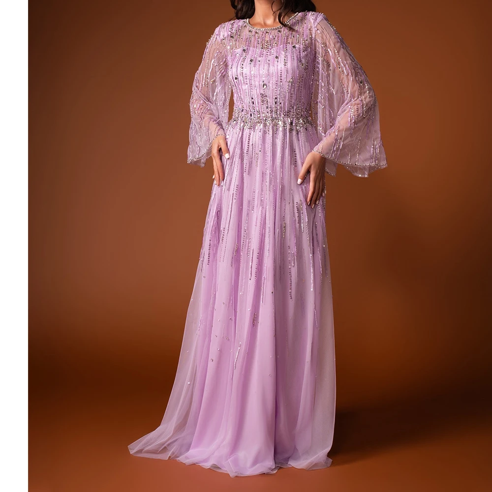 

Customized Exquisite Organza Sequined Crystal Evening Dress Delicate Crew neck Long Sleeves Celebrity Gowns Saudi Arabia 2025