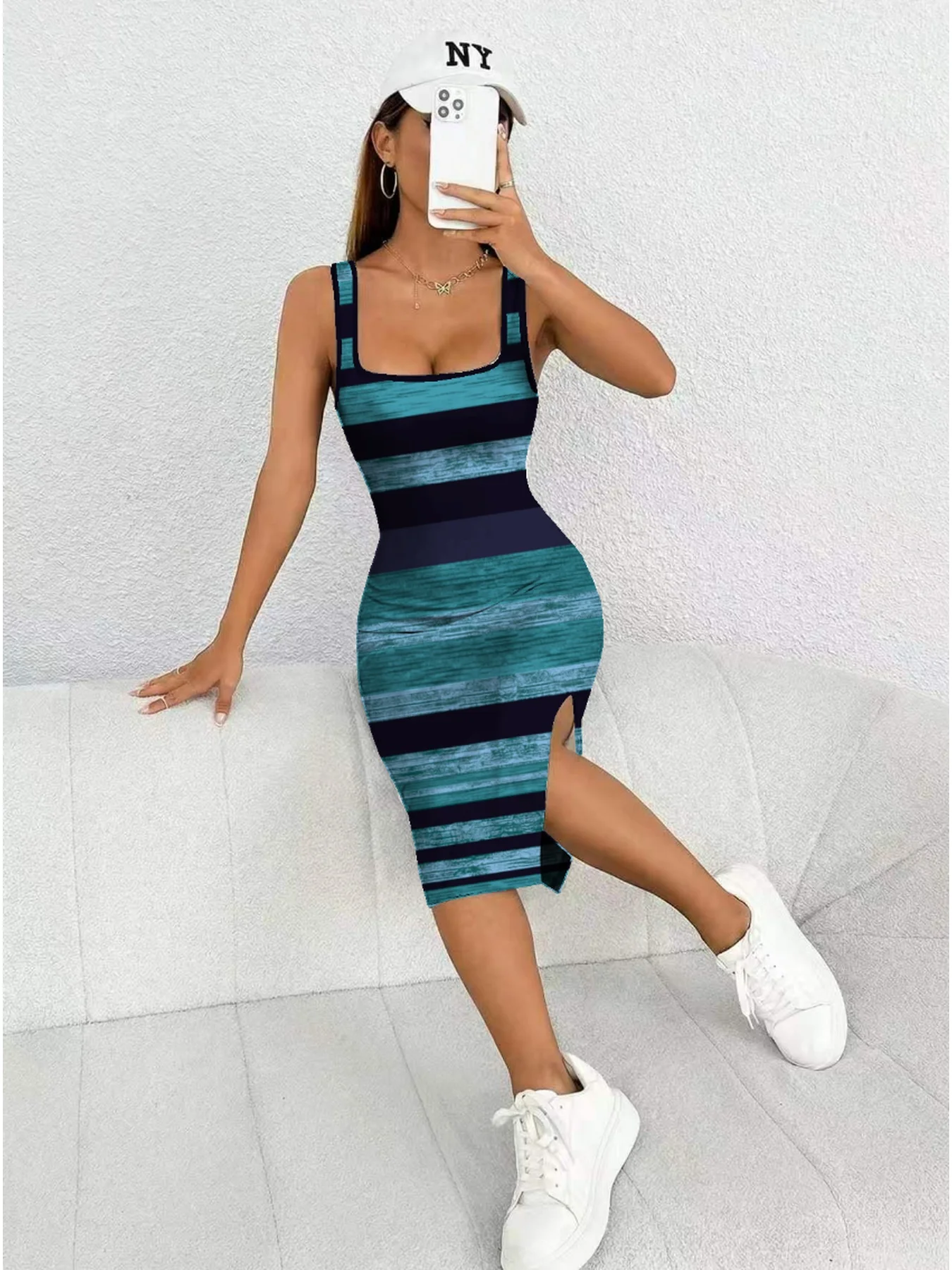 Damen Freizeitkleid mit eckigem Ausschnitt, ärmellos, Farbblock-Design, elegant, bequem, mittellang, mit Schlitz – Detail 7