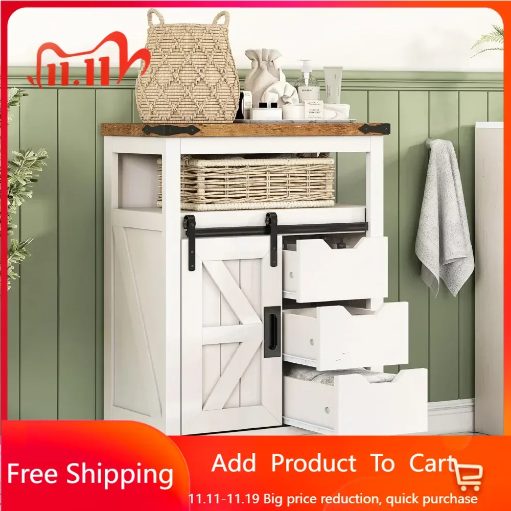 Bathroom Floor Cabinet, Bathroom Storage Cabinet with Sliding Barn Door & 3 Storage Drawers, Cabinet Freestanding for Bathroom