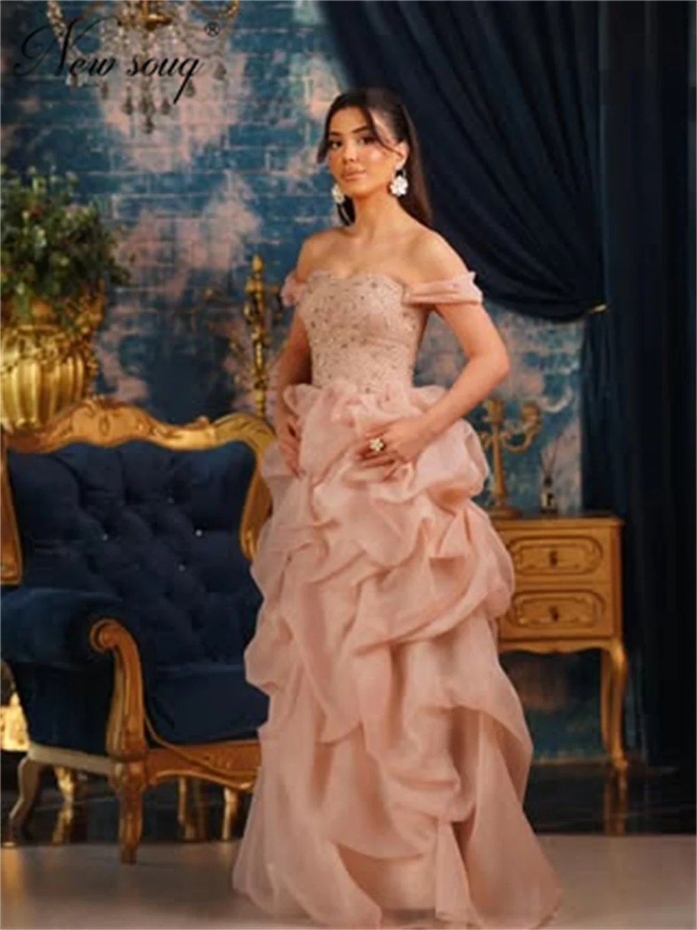 Prinses Roze A-lijn Galajurken Arabisch Dubai Off Schouder Kralen Avondjurk Ruches Bruiloft Jurken Aangepast 2026