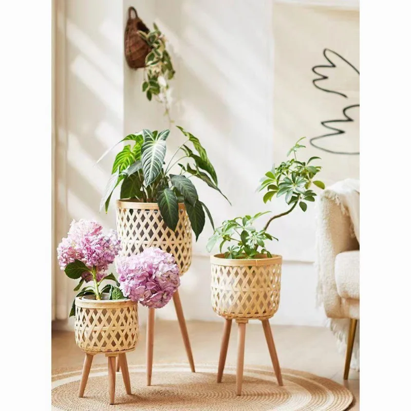 Rattan flower stand, living room, sofa side, floor-to-ceiling bamboo woven shelf, corner balcony, flower pot shelf