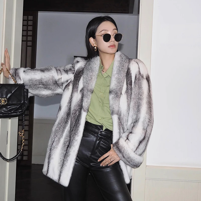 Ftangaiur Winter Coat For Women Import Cross Velvet Mink Fur Coat Women's Half Turn-Down Collar Medium Real Mink Fur Coats