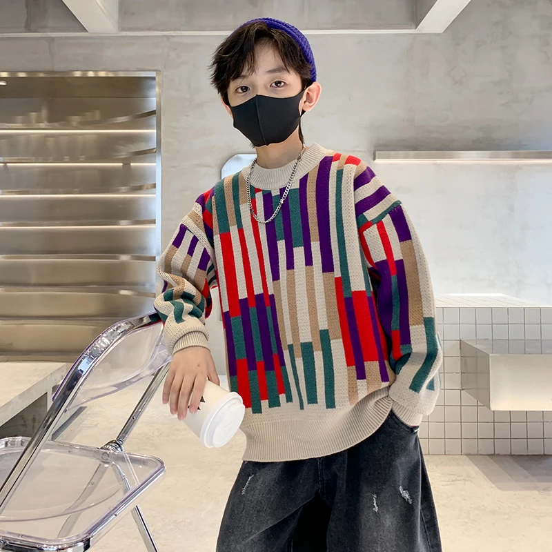 Cool Kids Multi-colored Stripe Sweater For Boy Spring Autumn Knitted Streetwear Clothing Teenage Child Colorful Sweater Knitwear