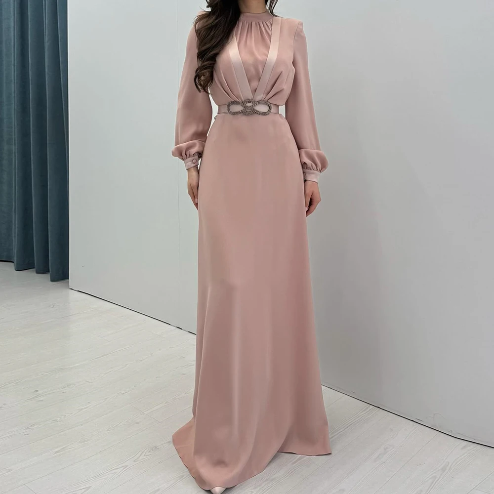 

Customized A-line Evening Dresses Floor-length High-neck Full Sleeve Prom Gown Fashion Sequined Sashes Simple Draped Party Gown