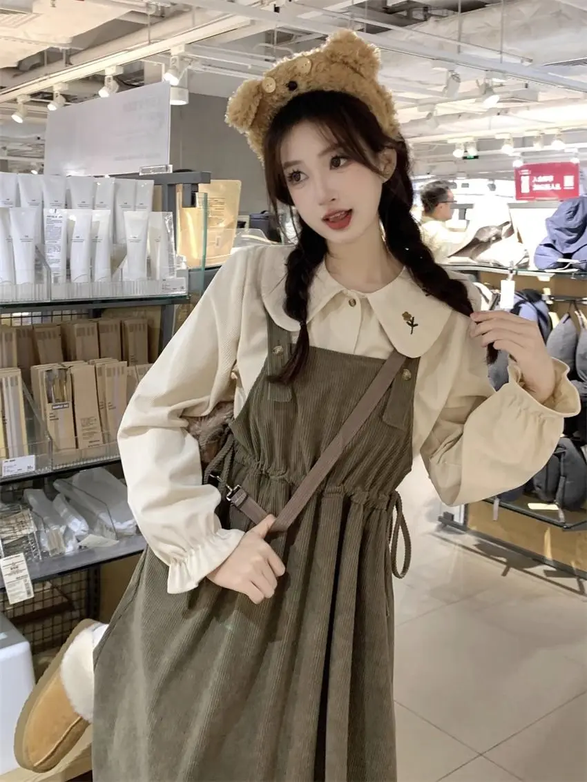 Milk Tea Series Wear Skirt set Women Autumn and Winter New Sweet Corduroy Strap Dress Two-piece Set