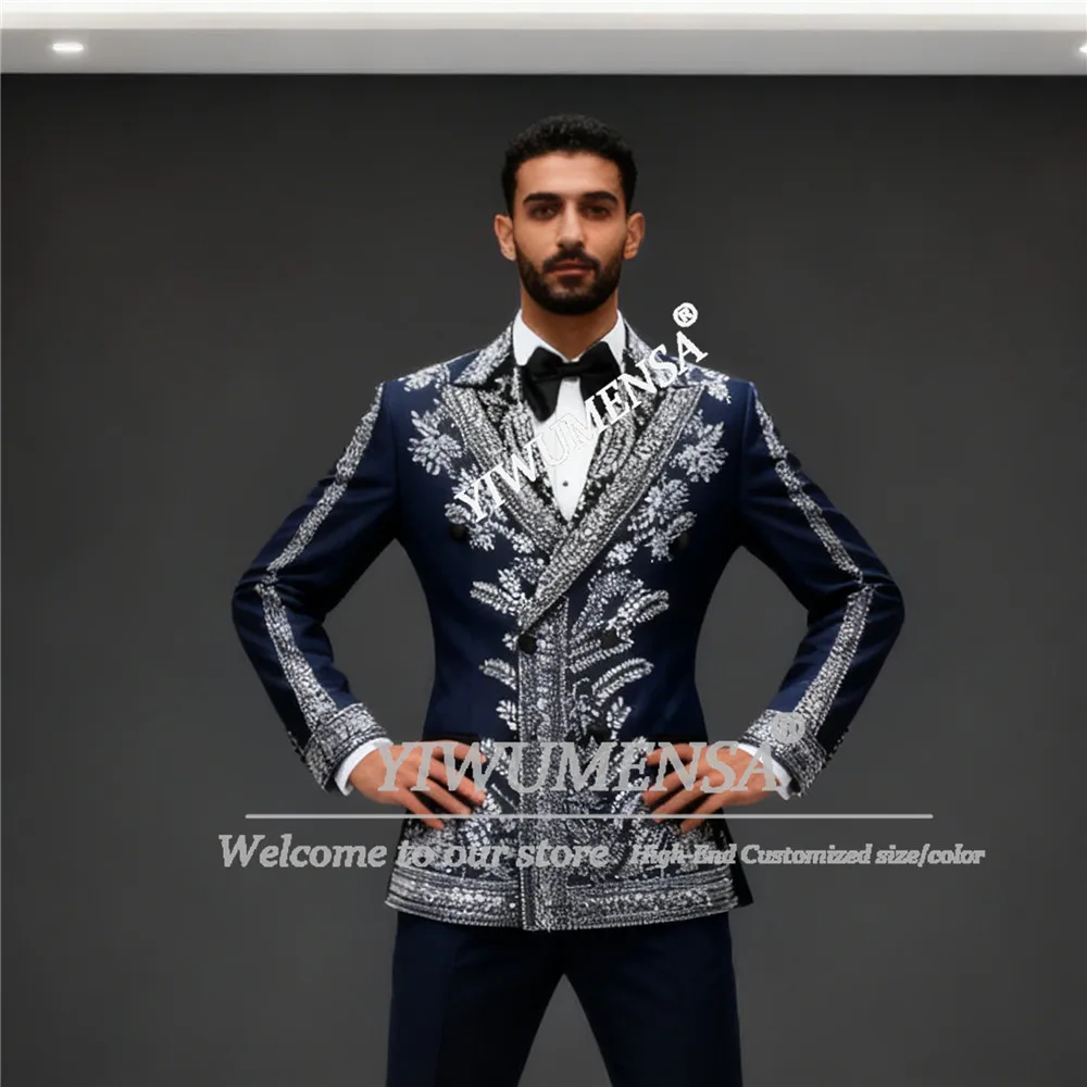 

Luxury Man Brilliant Beaded Stones Suit 2 Pieces Sets Double Breasted Men's Prom Blazer Outfits Customized Wedding Groom Tuxedos