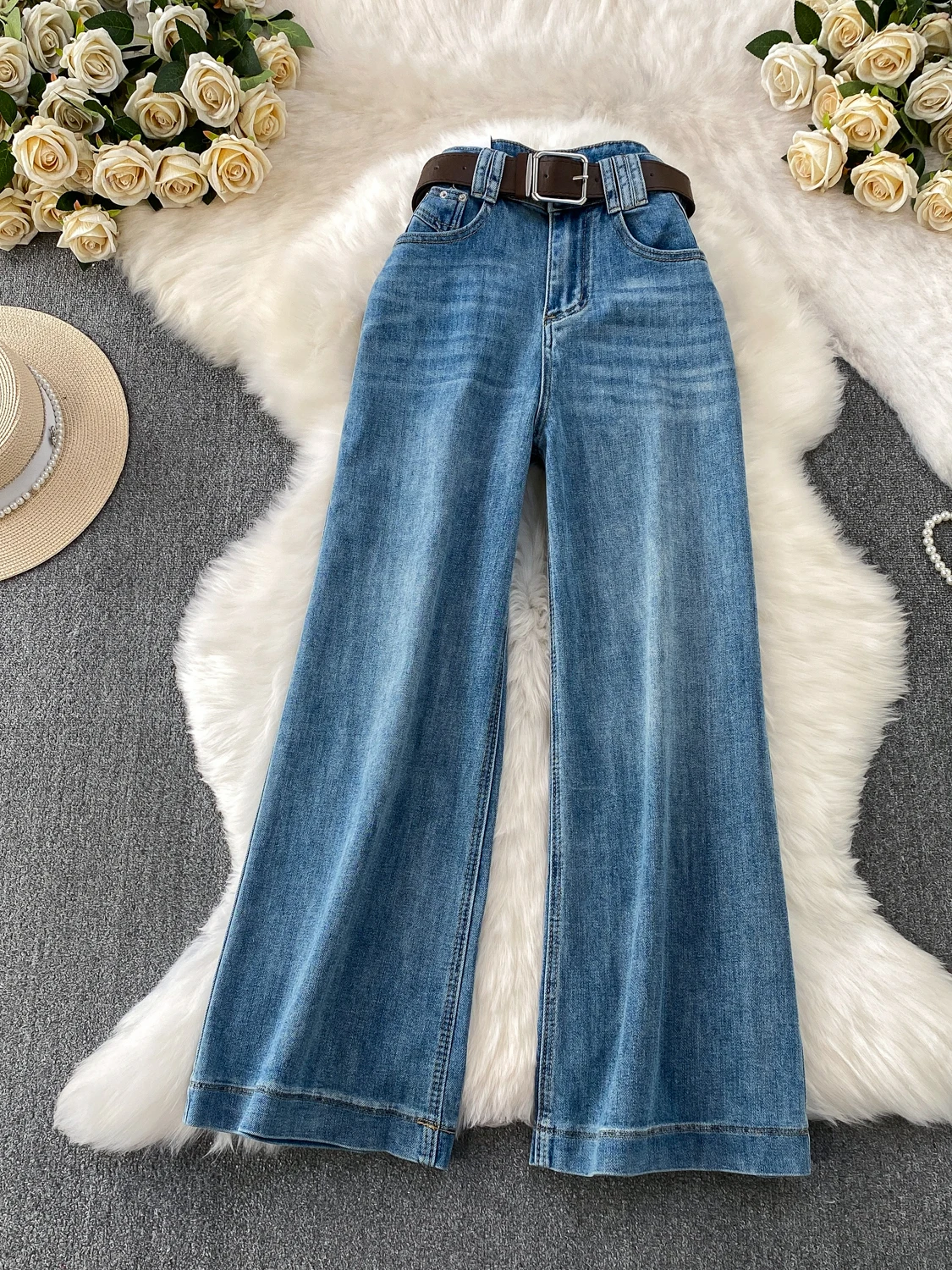 

Blue Denim Wide Leg Pants Women's High Waist Straight Casual Long Trousers Retro American Sle Belt Slimming Hot Girl