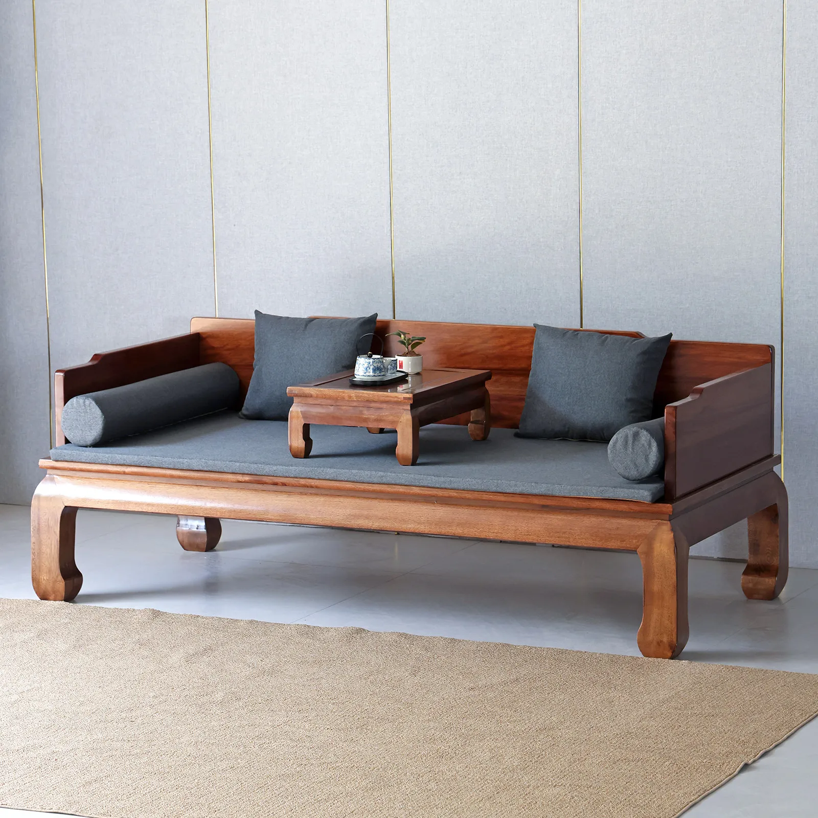 For Golden Pearwood Solid Wood Daybed, Carved Antique Chaise Sofa, Zen Meditation Couch for Small Apartment