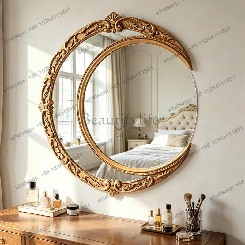 French retro carved moon mirror medieval light luxury crescent special-shaped household bathroom entrance wall decorative mirror