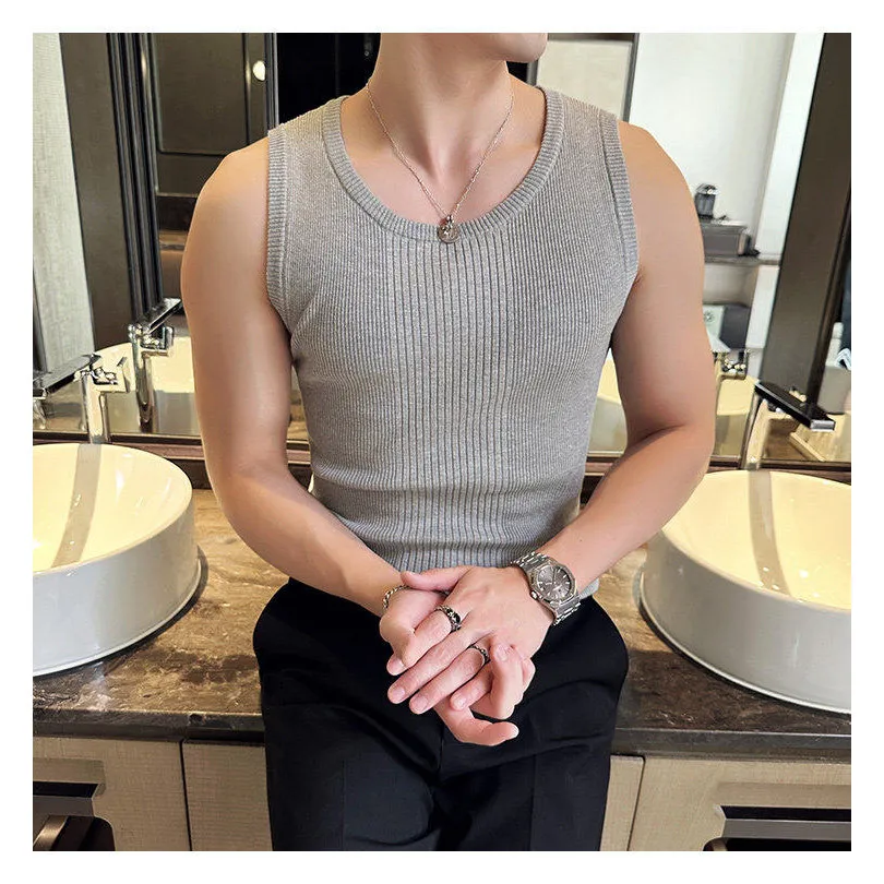 Men's Knitted Slim Fit Elastic Sleeveless T-Shirt Casual Versatile Fashionable Summer Base Layer Top High Elasticity Breathable